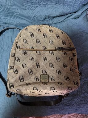 Dooney & Bourke Beige Logo Canvas Backpack with Black Accents